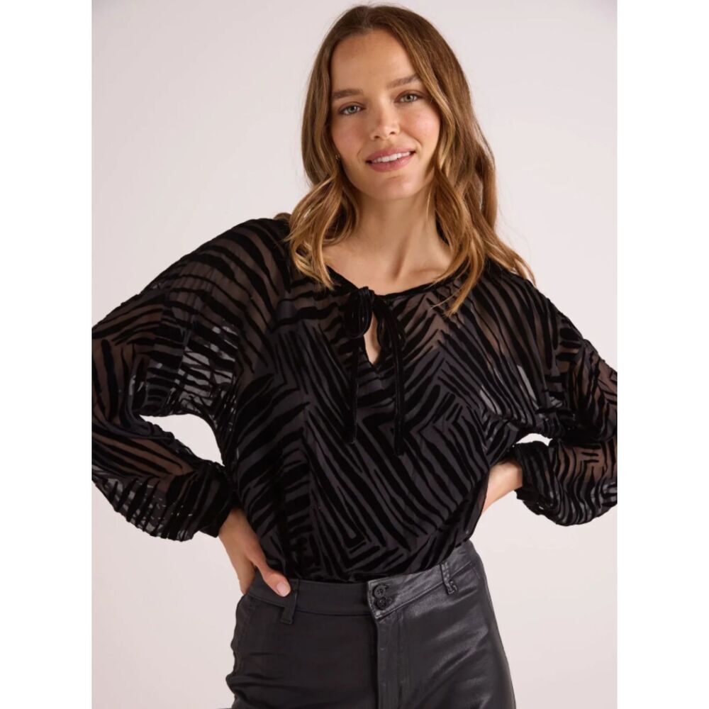 Bella Dahl Silk Blend Burnout Velvet Tie neck Long Blouson Sleeve Blouse Size M